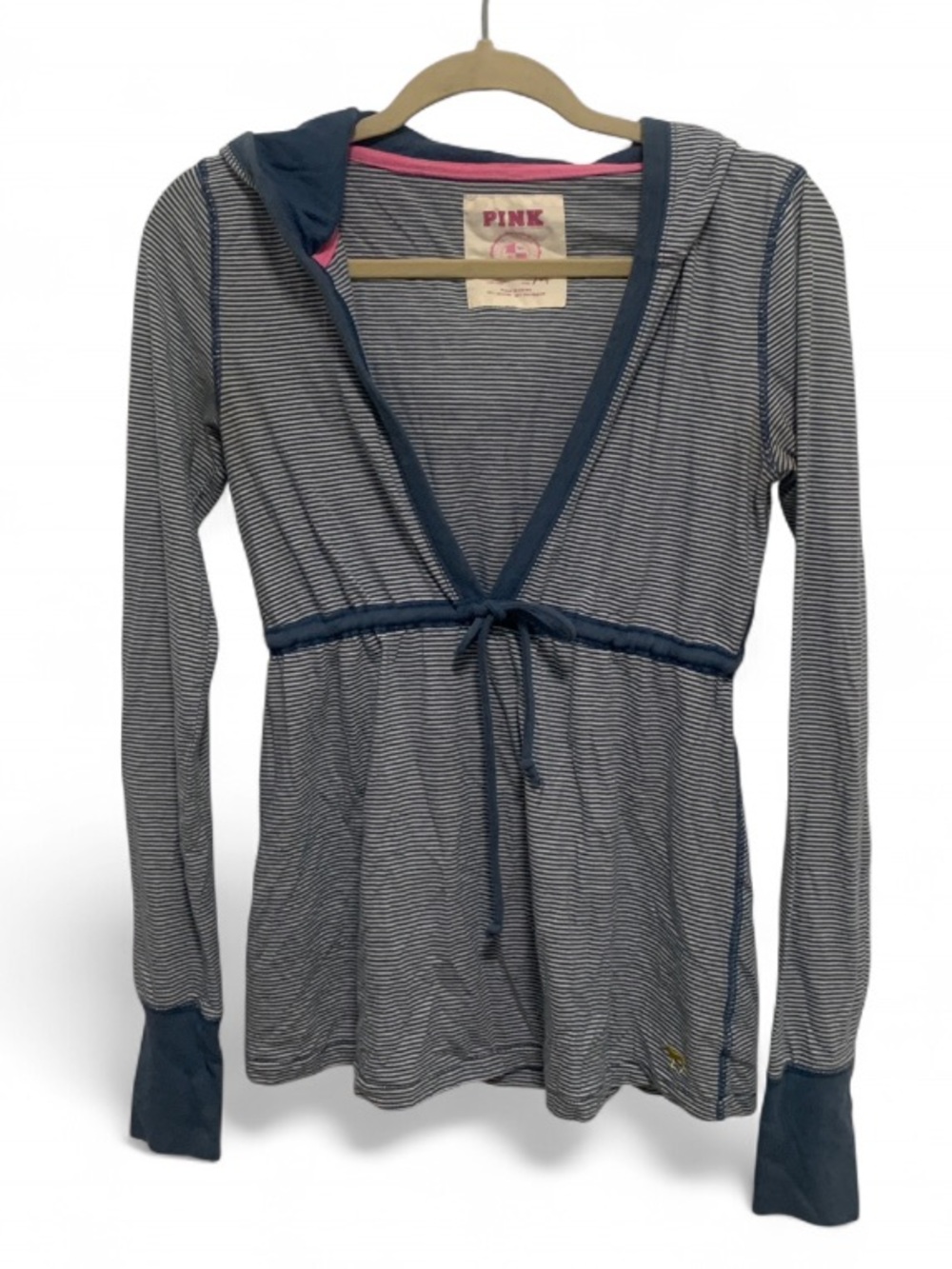 Y2K PINK Victoria's Secret Blue Striped Hooded Tie-Waist Top